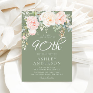 Blush & Sage Elegant Floral 90th Birthday Party Invitation