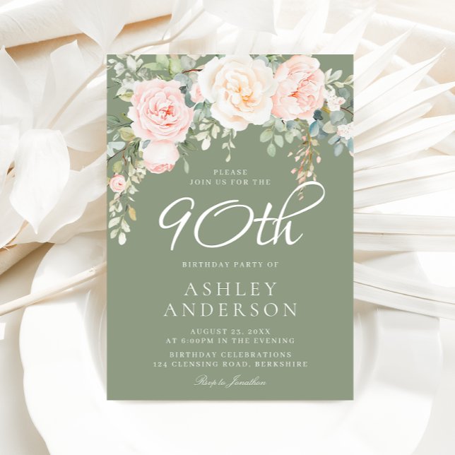 Blush & Sage Elegant Floral 90th Birthday Party Invitation (Creator Uploaded)