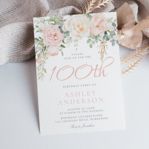 Blush & Sage Elegant Flowers 100th Birthday Party Invitation