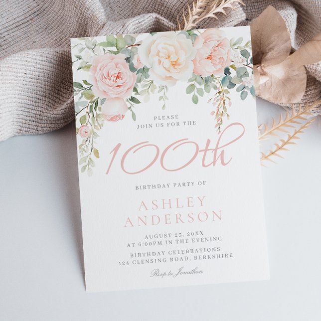 Blush & Sage Elegant Flowers 100th Birthday Party Invitation (Creator Uploaded)