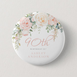 Blush & Sage Elegant Flowers 90th Birthday Party 6 Cm Round Badge