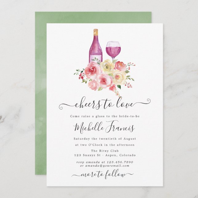 Blush & Sage Floral Bridal Shower Wine Tasting Invitation (Front/Back)