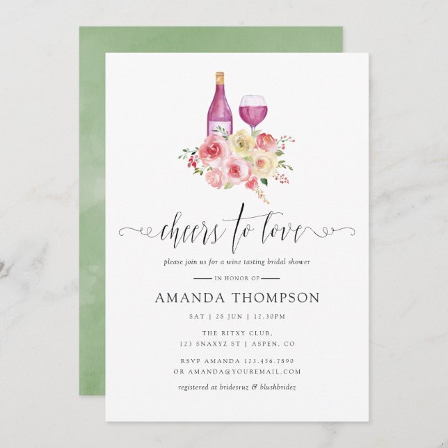 Blush & Sage Floral Bridal Shower Wine Tasting Invitation (Front/Back)