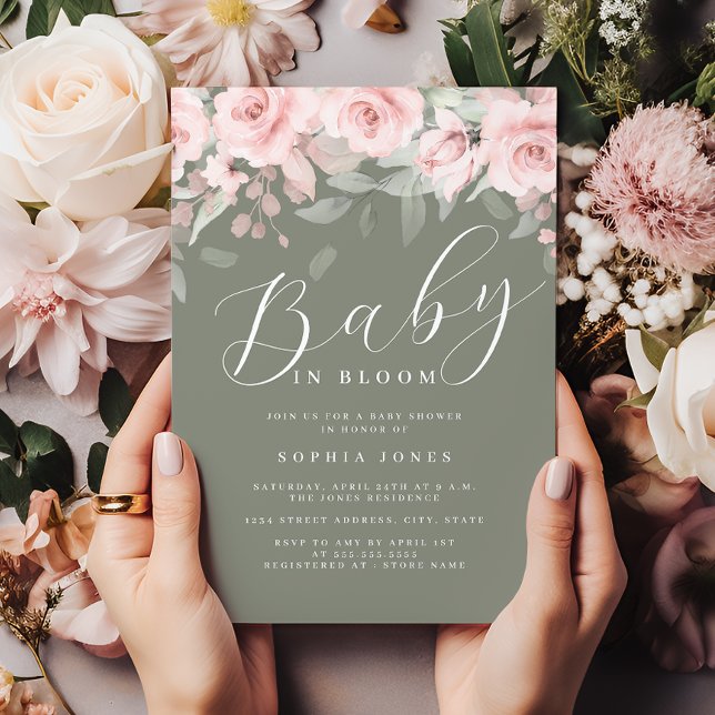Blush Sage Floral Girl Baby In Bloom Baby Shower   Invitation (Creator Uploaded)