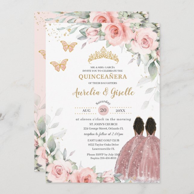 Blush Sage Floral Twins Brown Princess Quinceañera Invitation (Front/Back)