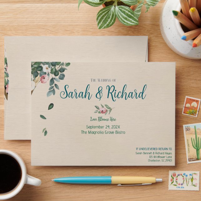 Blush Sage Floral Wedding Envelope (Desk)