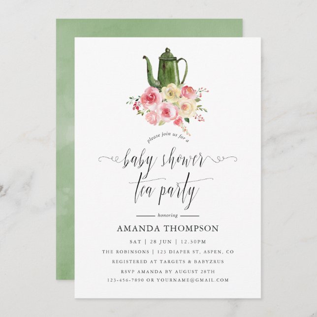 Blush & Sage Green Floral Baby Shower Tea Party Invitation (Front/Back)