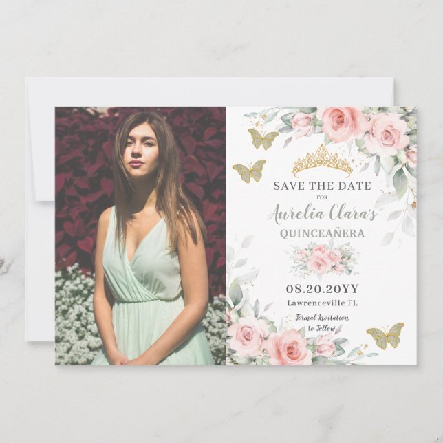 Blush Sage Green Floral Butterflies Quinceañera Save The Date (Front)
