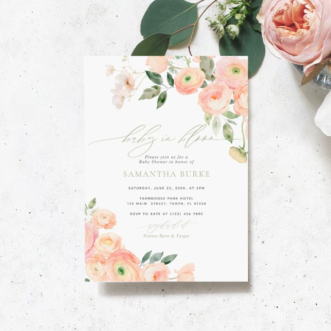 Blush & Sage Green Flowers Baby in Bloom Shower Invitation (Creator Uploaded)