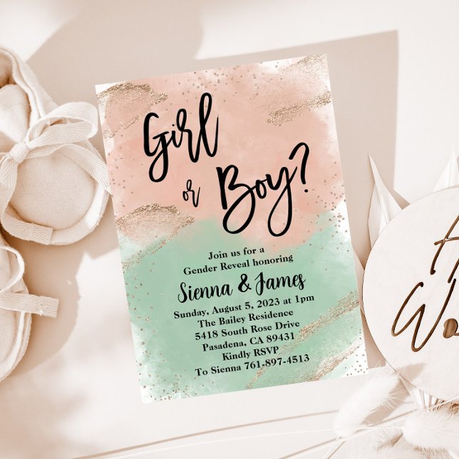 Blush & Sage Green Gender Reveal, Watercolor, Gold Invitation (Creator Uploaded)