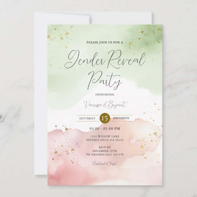 Blush Sage Green & Red Gender Reveal Gold Glitter Invitation (Front)