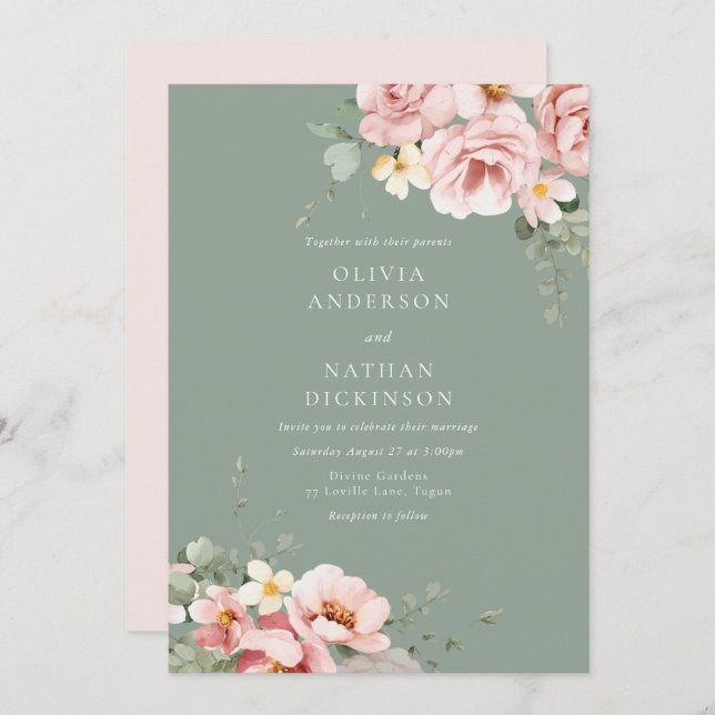 Blush & Sage Green Wedding Invitation (Front/Back)