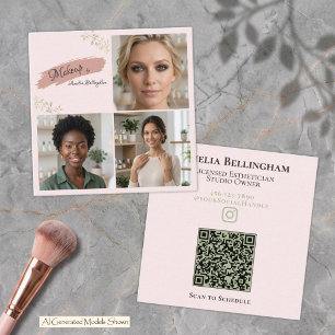 Blush Sage Luxury 3 Photo Portfolio QR Code Makeup Square Business Card