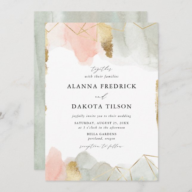 Blush & Sage Watercolor Gold Geometric Wedding Invitation (Front/Back)