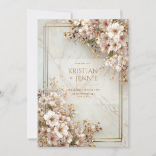 Blush Sakura Marble Gilded Frame Wedding Invitation