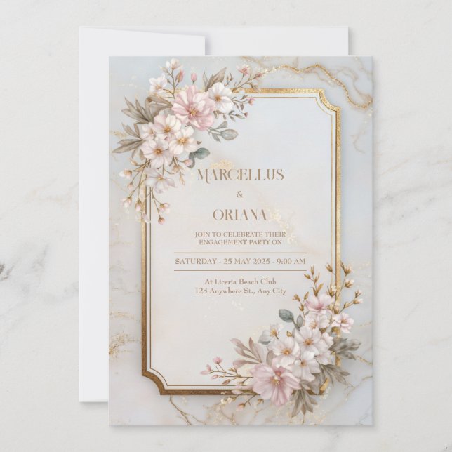 Blush Sakura Marble Gilded Frame Wedding Invitation (Front)