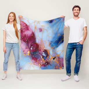 Blush & Sapphire Marble with Gold Veins Fleece Blanket