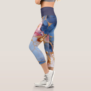 Blush & Sapphire Marble with Golden Pearls Capri Leggings