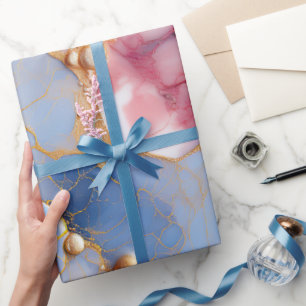 Blush & Sapphire Marble with Golden Pearls Wrapping Paper