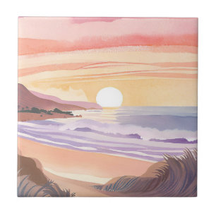 Blush Sea Sunset   Beach Watercolor Painting Ceramic Tile