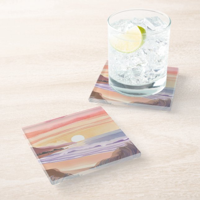 Blush Sea Sunset | Beach Watercolor Painting Glass Coaster (Angled)