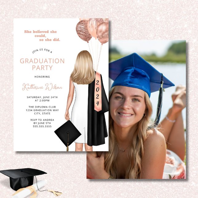 Blush She Believed Photo Graduation Party Invitation (Creator Uploaded)