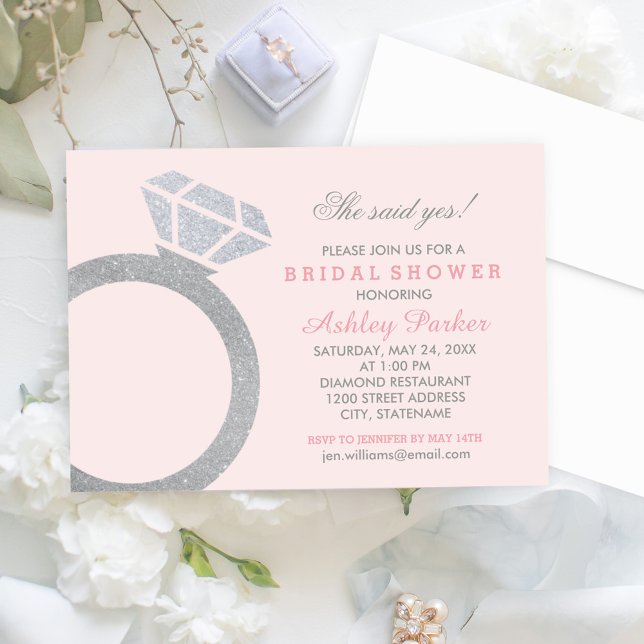 Blush She Said Yes Diamond Ring Wedding Shower Invitation (Creator Uploaded)