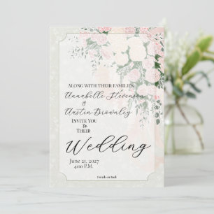 Blush Sheer Bow Rose Wisteria Cascading Bouquet Invitation