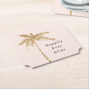 Blush Shell Glam Gold Glitter Palm Tree Paper Coaster