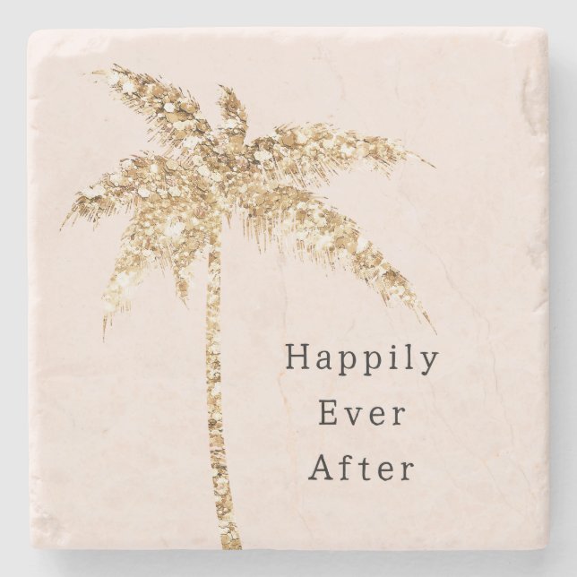 Blush Shell Glam Gold Glitter Palm Tree Stone Coaster (Front)