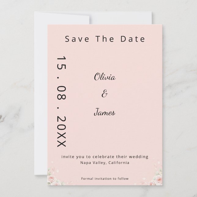 Blush Silk Pink Whispered Peta Modern ScriptFloral Save The Date (Front)
