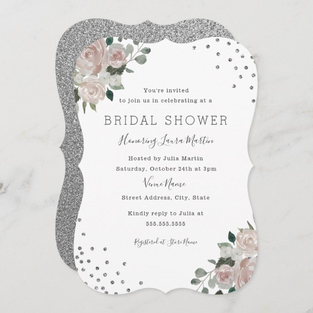 Blush Silver Floral Confetti Bridal Shower Invitation (Front/Back)