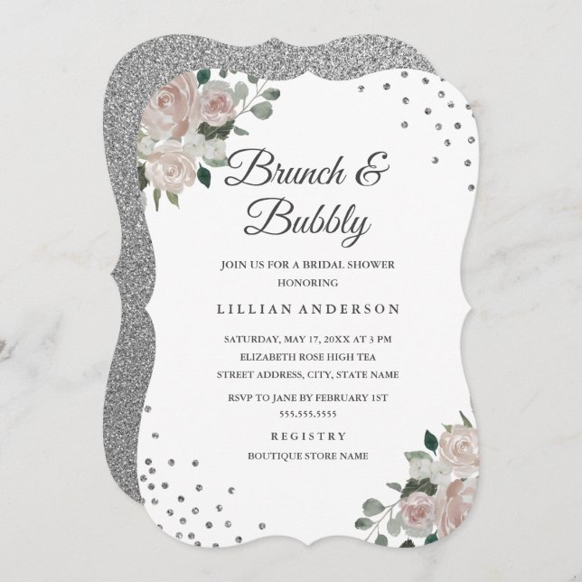 Blush Silver Floral Confetti Brunch and Bubbly Invitation (Front/Back)