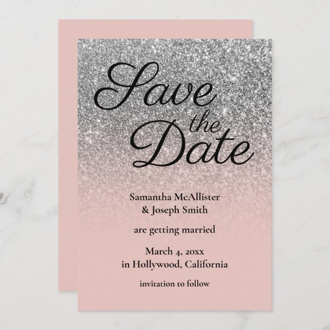 Blush Silver Ombre Glitter Save the Date Invitation (Front/Back)