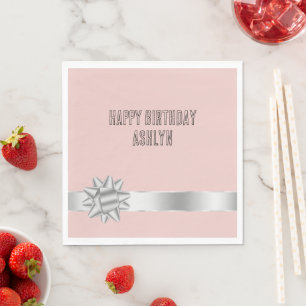 Blush Silver Ribbon Bow Birthday Napkin