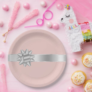 Blush Silver Ribbon Bow Birthday Paper Plate