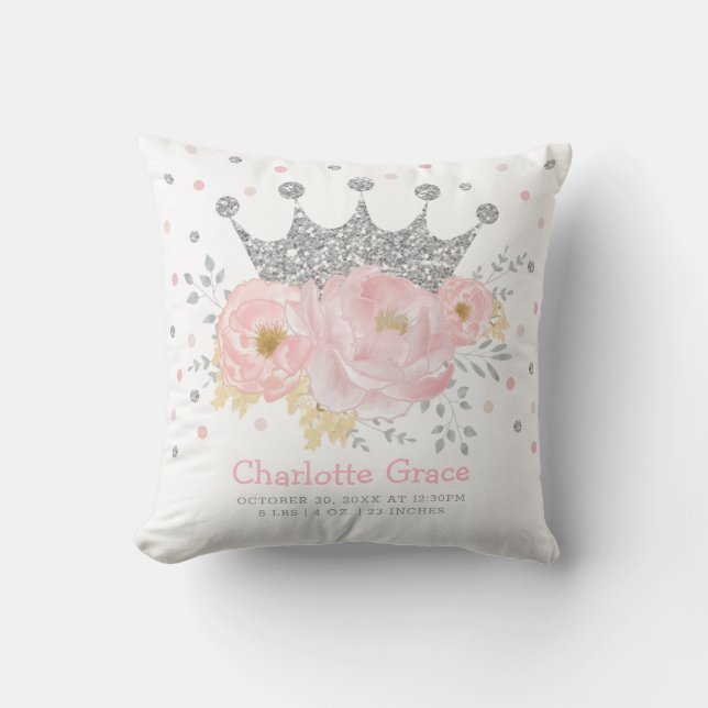 Blush Silver Royal Princess Crown Baby Birth Stats Cushion (Front)