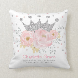 Blush Silver Royal Princess Crown Baby Birth Stats Cushion