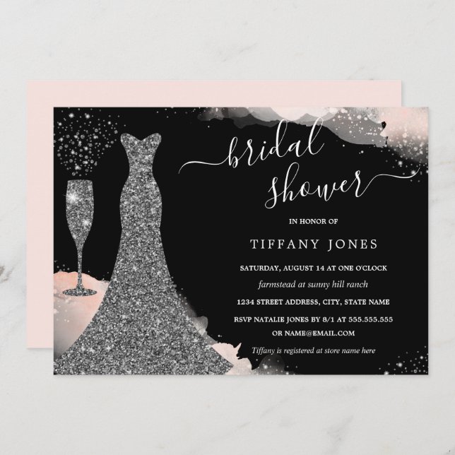 Blush Silver Sparkle Dress Bridal Shower  Invitation (Front/Back)