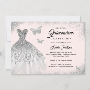 Blush Silver Sparkle Dress Butterfly Quinceanera Invitation