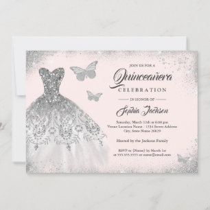 Blush Silver Sparkle Dress Butterfly Quinceanera Invitation