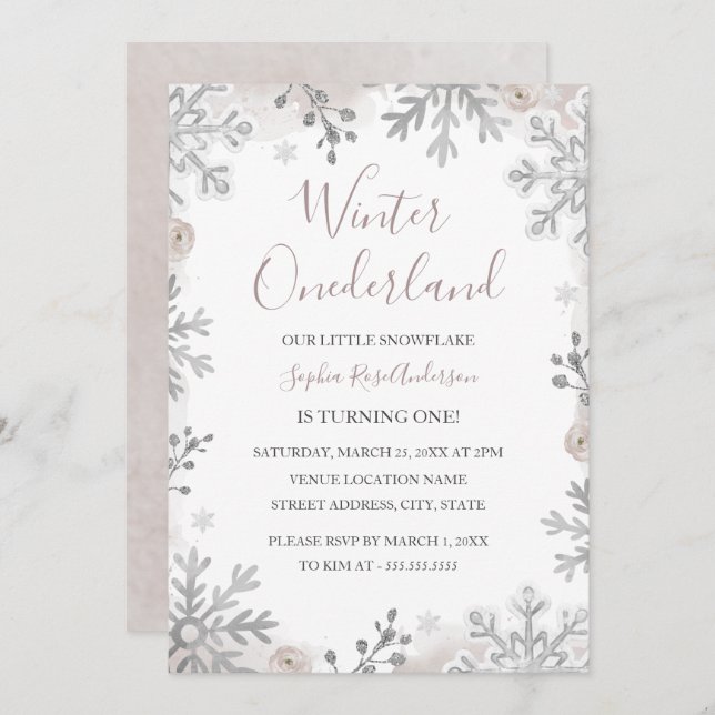 Blush Silver Winter Onederland 1st Birthday  Invitation (Front/Back)