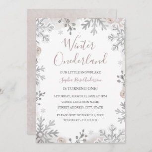 Blush Silver Winter Onederland 1st Birthday  Invitation