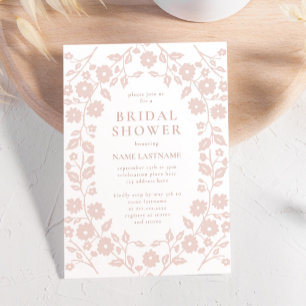 Blush Simple White Folk Floral Bridal Shower Invitation