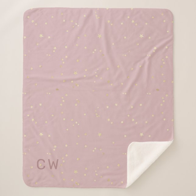 blush sky and gold stars minimalist monogram sherpa blanket (Front)