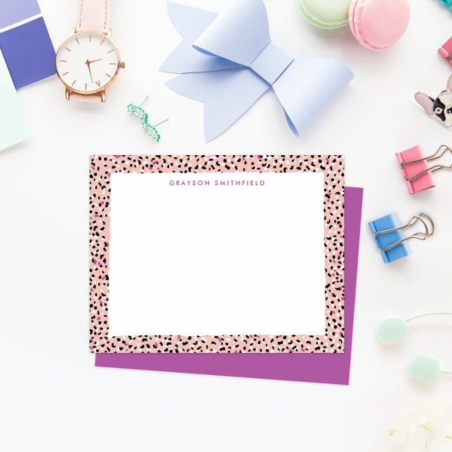 Blush Snow Leopard Print Personal Stationery Card (fun colorful blush pink and purple leopard print border frame personal stationery note cards)