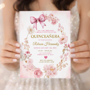 Blush Soft Pink Bow Quinceañera Invitation