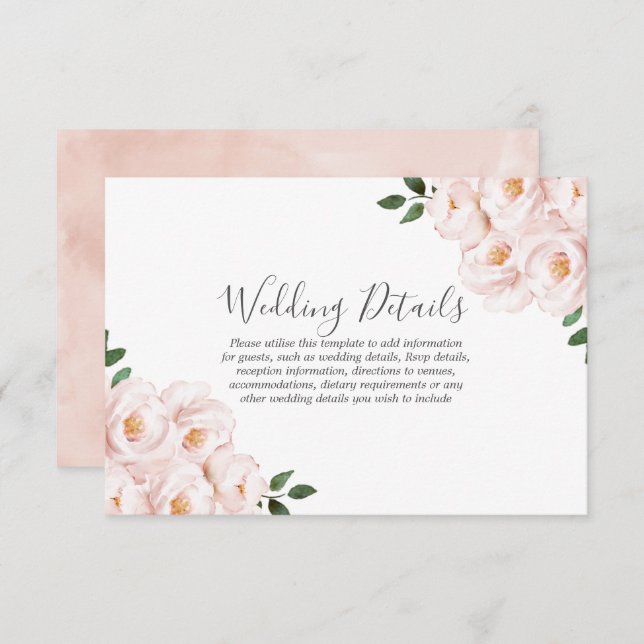 Blush Soft Pink Flowers Watercolor Wedding Details Invitation (Front/Back)