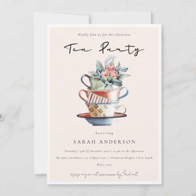 Blush Soft Stacked Cups Christmas Tea Party Invite (Front)