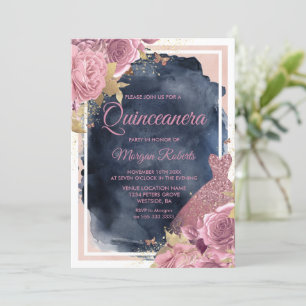 Blush Sparkle Dress & Floral Navy Quinceanera Invitation